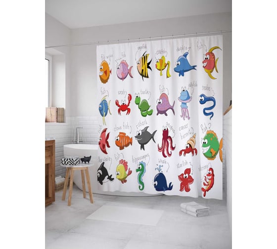 Изображение товара Штора (занавеска) для ванной JoyArty "Морские обитатели" из сатена, 180х200 см с крючками, sc_9062