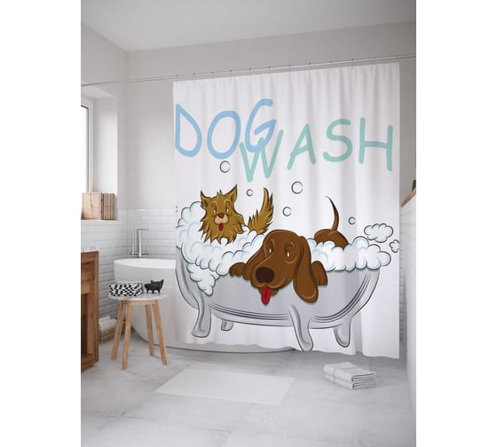 Изображение товара Штора (занавеска) для ванной JoyArty "Купание собак" из сатена, 180х200 см с крючками, sc_9536