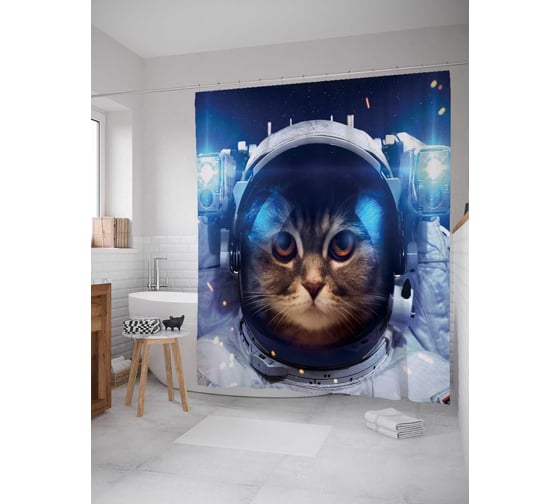 Изображение товара Штора (занавеска) для ванной JoyArty "Котик в космосе" из сатена, 180х200 см с крючками, sc_6851