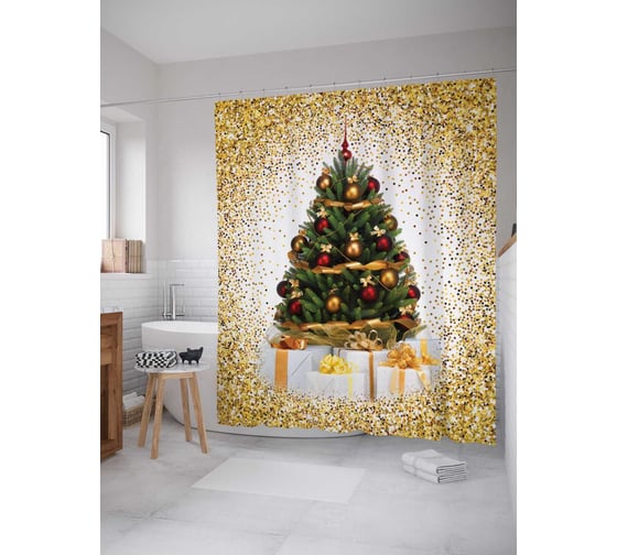 Изображение товара Штора (занавеска) для ванной JoyArty "Ёлка в конфетти" из сатена, 180х200 см с крючками, sc_79747