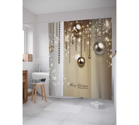 Изображение товара Штора (занавеска) для ванной JoyArty "Новогодний блеск" из сатена, 180х200 см с крючками, sc_6930