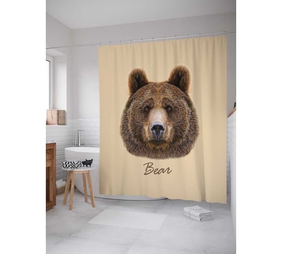 Изображение товара Штора (занавеска) для ванной JoyArty "Медведь и надпись" из сатена, 180х200 см с крючками, sc_44031