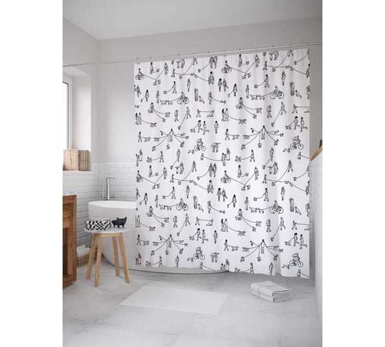 Изображение товара Штора (занавеска) для ванной JoyArty "Прогулка с собаками" из сатена, 180х200 см с крючками, sc_70753