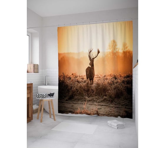 Изображение товара Штора (занавеска) для ванной JoyArty "Олень в поле" из сатена, 180х200 см с крючками, sc_35766