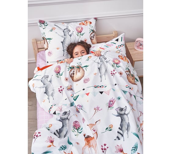 Изображение товара Комплект постельного белья для детей Guten Morgen поплин, рис.1037, Cheerful morning 1.5 спальное, с 1 наволочкой, 50x70 см, на молнии ПБ-1037-143-150-50-1