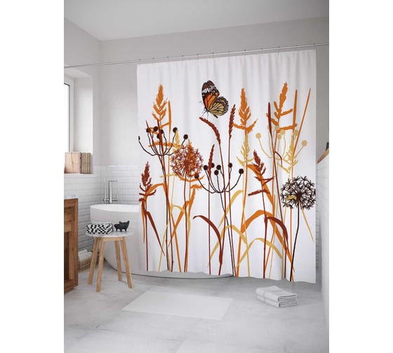 Изображение товара Штора (занавеска) для ванной JoyArty "Бабочка в дикой траве" из сатена, 180х200 см с крючками, sc_7052