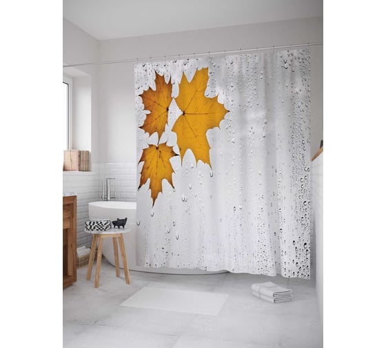 Изображение товара Штора (занавеска) для ванной JoyArty "Влажные кленовые листья" из сатена, 180х200 см с крючками, sc_4542