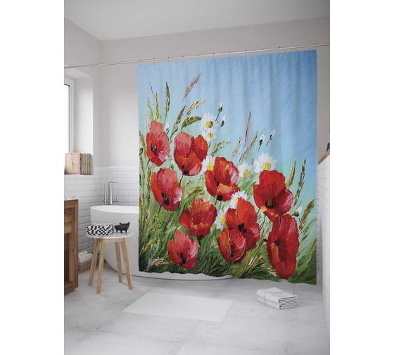 Изображение товара Штора (занавеска) для ванной JoyArty "Композиция с маками и ромашками" из сатена, 180х200 см с крючками, sc_9192