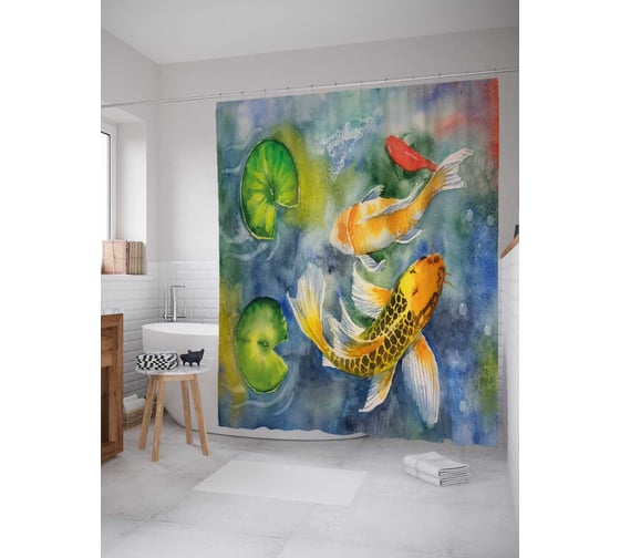 Изображение товара Штора (занавеска) для ванной JoyArty "Акварельные карпы" из сатена, 180х200 см с крючками, sc_38748