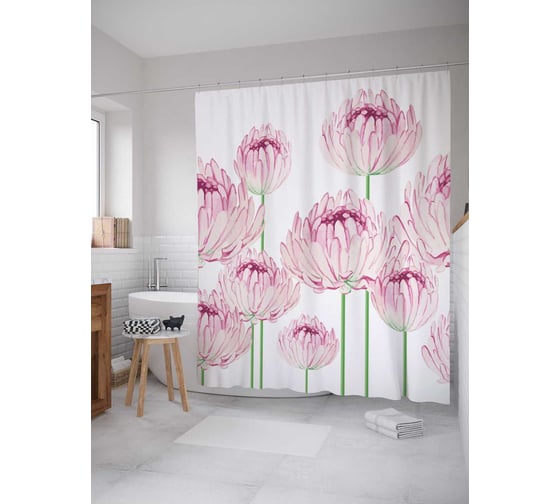 Изображение товара Штора (занавеска) для ванной JoyArty "Весенние пионы" из сатена, 180х200 см с крючками, sc_65561
