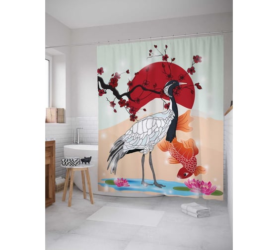 Изображение товара Штора (занавеска) для ванной JoyArty "Японский журавль" из сатена, 180х200 см с крючками, sc_38758