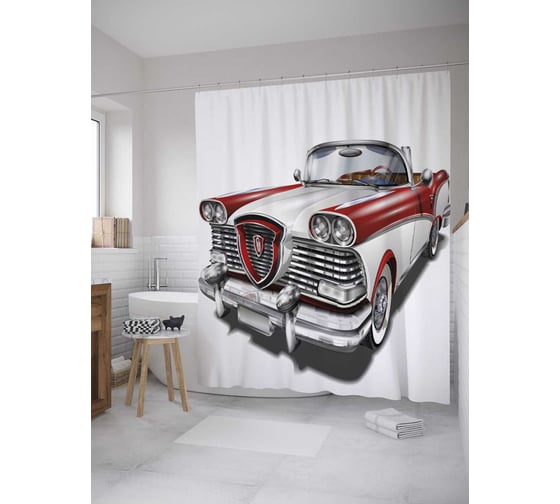 Изображение товара Штора (занавеска) для ванной JoyArty "Ретро эксклюзив авто" из сатена, 180х200 см с крючками, sc_36353