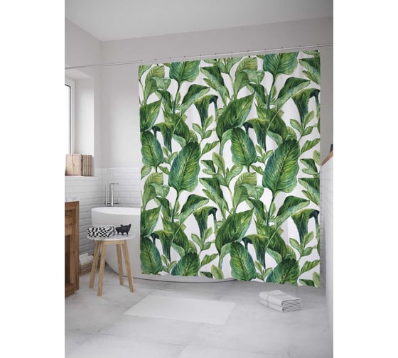 Изображение товара Штора (занавеска) для ванной JoyArty "Тропическое полотно" из сатена, 180х200 см с крючками, sc_36059
