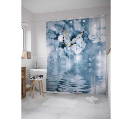 Изображение товара Штора (занавеска) для ванной JoyArty "Бабочка над водой" из сатена, 180х200 см с крючками, sc_33960