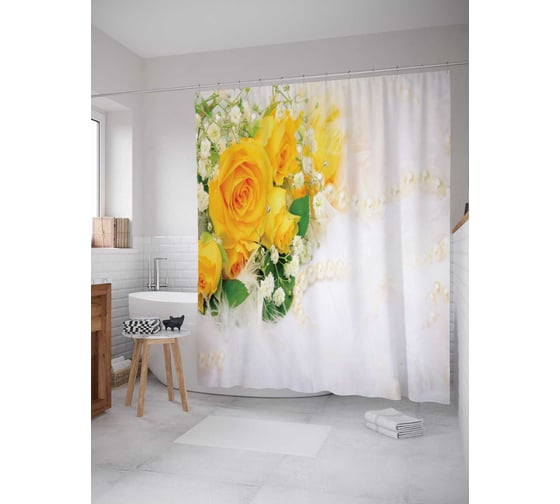 Изображение товара Штора (занавеска) для ванной JoyArty "Желтые розы и жемчуг" из сатена, 180х200 см с крючками, sc_55147