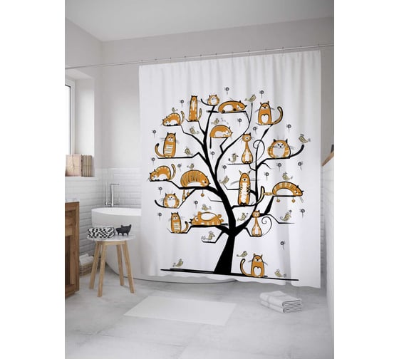 Изображение товара Штора (занавеска) для ванной JoyArty "Кошачье дерево" из сатена, 180х200 см с крючками, sc_9653