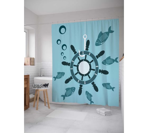 Изображение товара Штора (занавеска) для ванной JoyArty "Штурвал на крючке" из сатена, 180х200 см с крючками, sc_9842