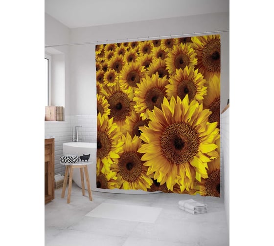Изображение товара Штора (занавеска) для ванной JoyArty "Подсолнухи" из сатена, 180х200 см с крючками, sc_9855