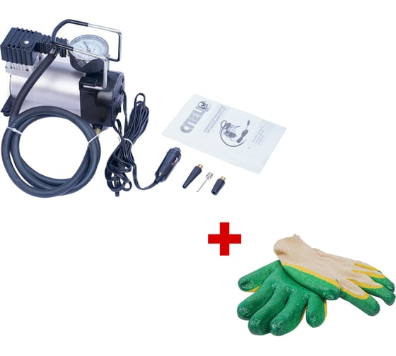 Изображение товара Поршневой автомобильный компрессор Спец КПА-35, 35л/мин, 8 Атм, резиновый шланг 1м, кабель 3,5м, набор насадок, сумка, картонная упаковка + перчатки СПЕЦ-3223/И-8076-И