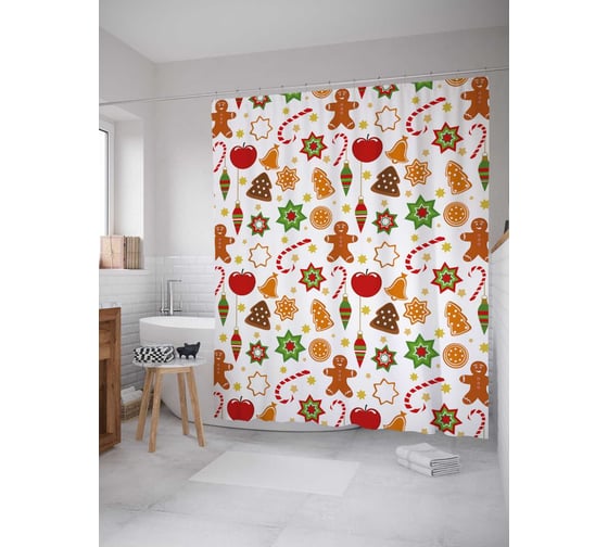 Изображение товара Штора (занавеска) для ванной JoyArty "Сладости под елочку" из сатена, 180х200 см с крючками, sc_38337