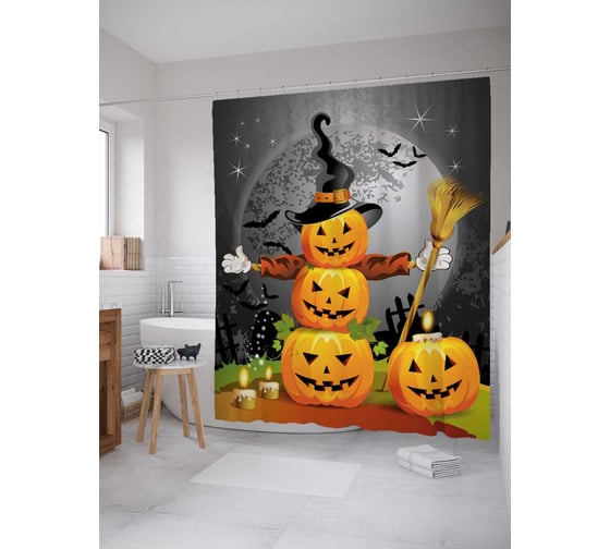 Изображение товара Штора (занавеска) для ванной JoyArty "Семейство тыквенных фонарей" из сатена, 180х200 см с крючками, sc_36715