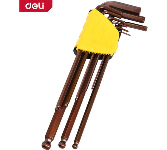 Изображение товара Набор шестигранных ключей с шаром сверхдлинных DELI 9шт DL230809G сталь S2, пластиковый держатель 166238