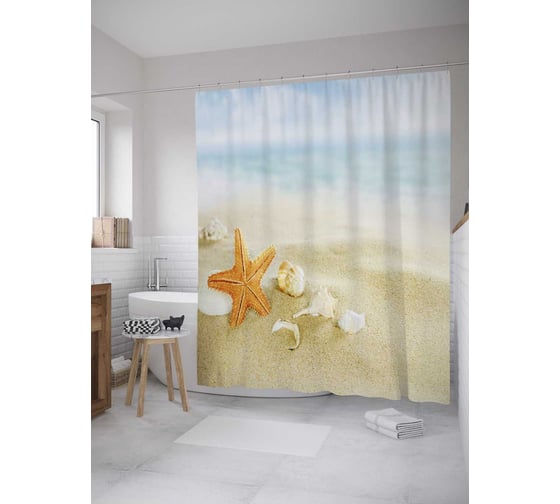 Изображение товара Штора (занавеска) для ванной JoyArty "Композиция с морской звездой" из сатена, 180х200 см с крючками, sc_35916