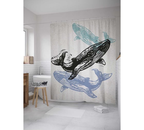 Изображение товара Штора (занавеска) для ванной JoyArty "Три кита" из сатена, 180х200 см с крючками, sc_33574