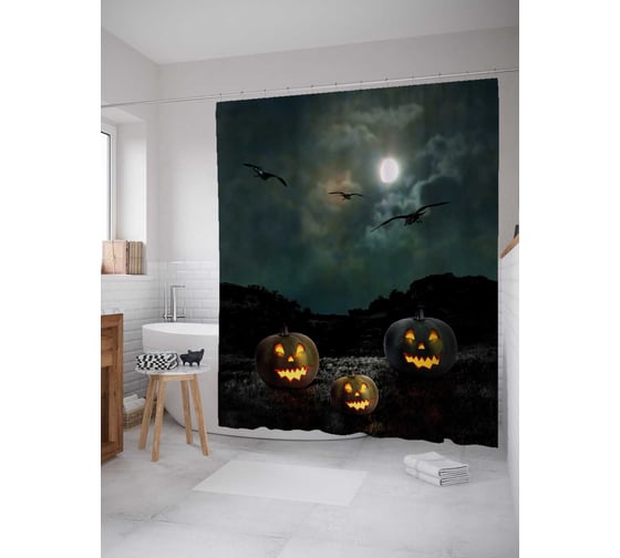 Изображение товара Штора (занавеска) для ванной JoyArty "Полнолуние в Хеллоуин" из сатена, 180х200 см с крючками, sc_36723