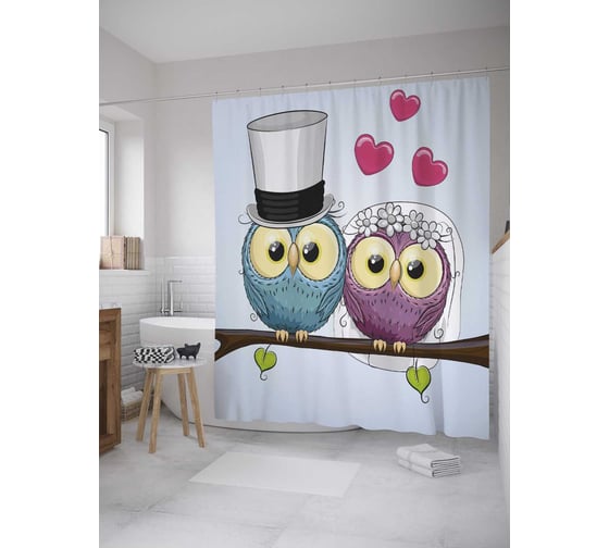 Изображение товара Штора (занавеска) для ванной JoyArty "Совы-молодожены" из сатена, 180х200 см с крючками, sc_35177