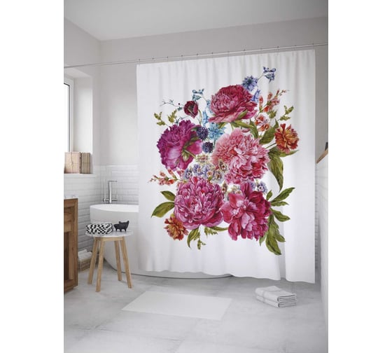 Изображение товара Штора (занавеска) для ванной JoyArty "Букет пионов" из сатена, 180х200 см с крючками, sc_35863