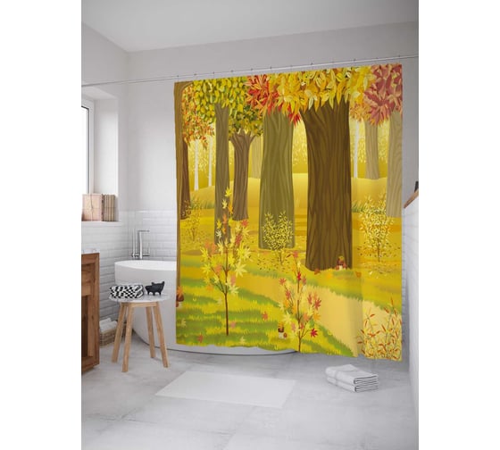 Изображение товара Штора (занавеска) для ванной JoyArty "Осенняя акварель" из сатена, 180х200 см с крючками, sc_37654