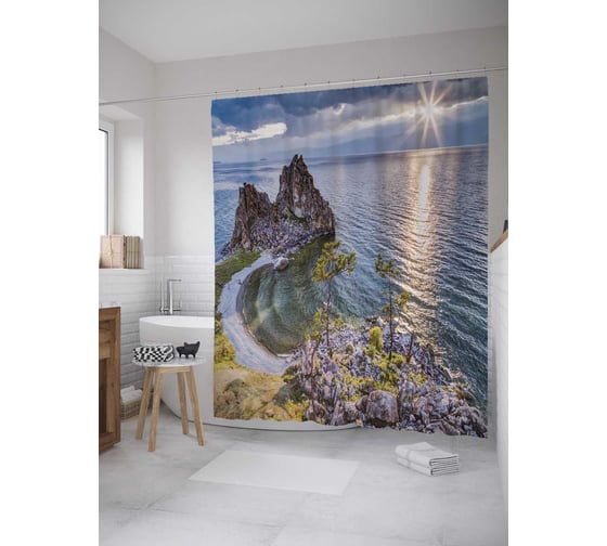 Изображение товара Штора (занавеска) для ванной JoyArty "Озеро Байкал" из сатена, 180х200 см с крючками, sc_32858