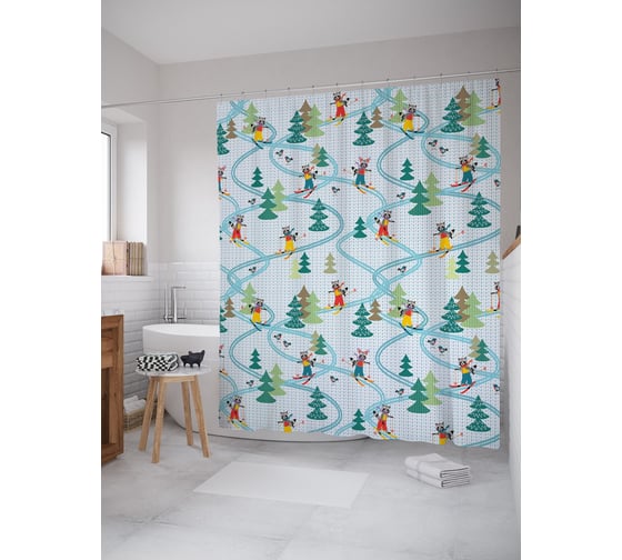 Изображение товара Штора (занавеска) для ванной JoyArty "Еноты на лыжах" из сатена, 180х200 см с крючками, sc_63761