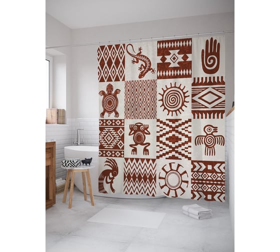 Изображение товара Штора (занавеска) для ванной JoyArty "Этнос в квадратах" из сатена, 180х200 см с крючками, sc_63061