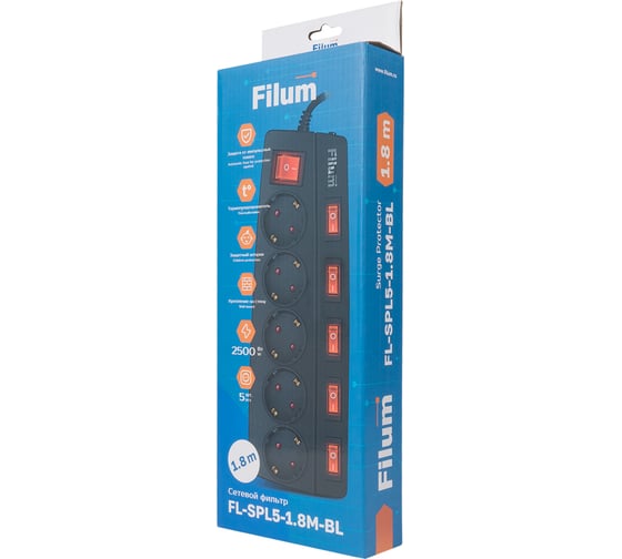 Изображение товара Сетевой фильтр Filum 2500 Вт., 5 розеток, защитные шторки, инд. выключатели, шнур 1.8 м., черный FL-SPL5-1.8M-BL