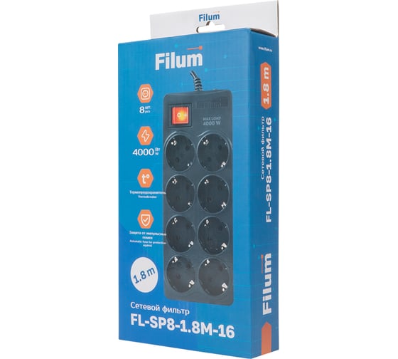 Изображение товара Сетевой фильтр Filum 4000 Вт., 8 розеток, шнур 1.8 м., черный FL-SP8-1.8M-16