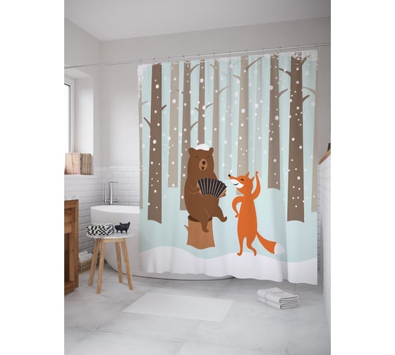 Изображение товара Штора (занавеска) для ванной JoyArty "Медведь баянист" из сатена, 180х200 см с крючками, sc_62616