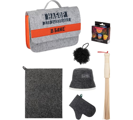 Изображение товара Набор для бани в портфеле ГлавБаня Для выживания в бане (шапка, рукавица, коврик, веник, масла, мочалка) Б32401