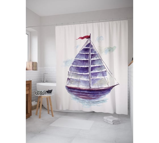 Изображение товара Штора (занавеска) для ванной JoyArty "Одинокий парусник акварель" из сатена, 180х200 см с крючками, sc_63738