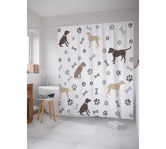 Изображение товара Штора (занавеска) для ванной JoyArty "Собака и косточка" из сатена, 180х200 см с крючками, sc_53419