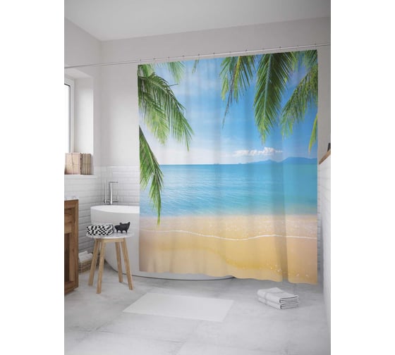 Изображение товара Штора (занавеска) для ванной JoyArty "Пляж Карон" из сатена, 180х200 см с крючками, sc_8963