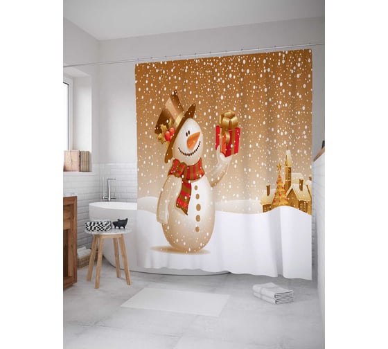 Изображение товара Штора (занавеска) для ванной JoyArty "Подарок снеговика" из сатена, 180х200 см с крючками, sc_4548