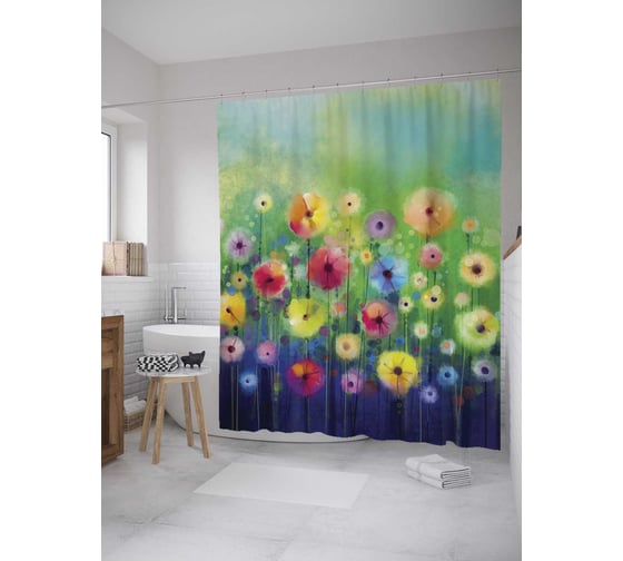 Изображение товара Штора (занавеска) для ванной JoyArty "Одуванчики из сновидений" из сатена, 180х200 см с крючками, sc_8799