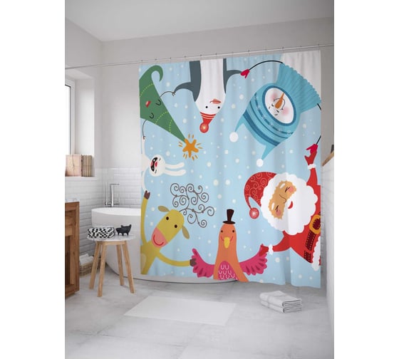 Изображение товара Штора (занавеска) для ванной JoyArty "Веселый хоровод" из сатена, 180х200 см с крючками, sc_78074