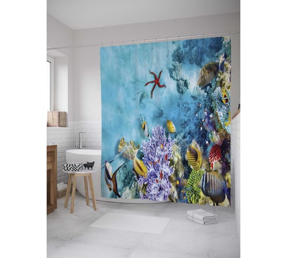 Изображение товара Штора (занавеска) для ванной JoyArty "Морские земли" из сатена, 180х200 см с крючками, sc_9238