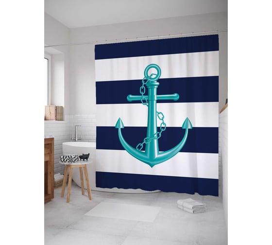Изображение товара Штора (занавеска) для ванной JoyArty "Блестящий якорь" из сатена, 180х200 см с крючками, sc_3778