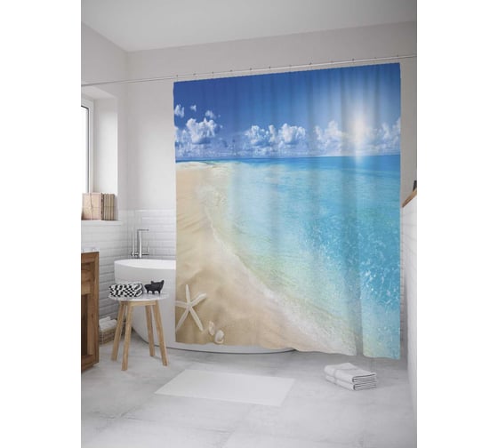 Изображение товара Штора (занавеска) для ванной JoyArty "Морская звезда на берегу" из сатена, 180х200 см с крючками, sc_32170