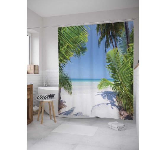 Изображение товара Штора (занавеска) для ванной JoyArty "Солнце Малибу" из сатена, 180х200 см с крючками, sc_8962