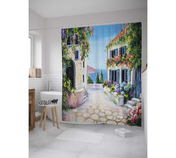 Изображение товара Штора (занавеска) для ванной JoyArty "Добрый двор" из сатена, 180х200 см с крючками, sc_9280